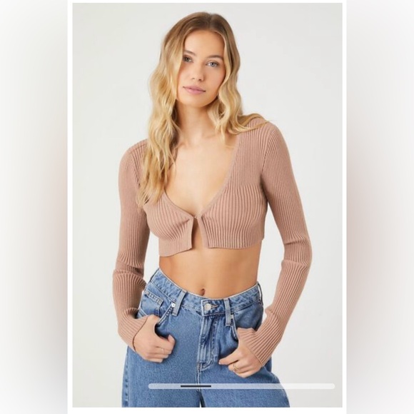 FOREVER21 NWT Beige Sparkly Ribbed Cropped Cardigan Knit Sweater Shrug Shirt S - Picture 1 of 16
